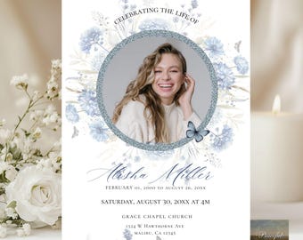 Blue Wildflower Funeral Program – In Loving Memory-  Edit In Canva