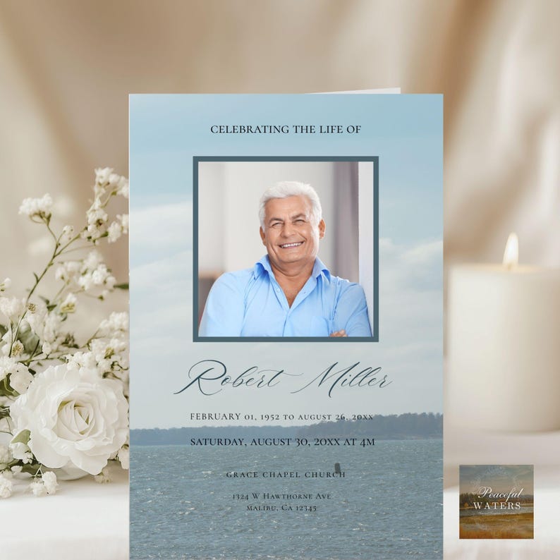 May include: A memorial card featuring a photograph of a man in a blue shirt, with the text "Celebrating the Life of Robert Miller". The card includes dates and service details, set against a waterscape background.