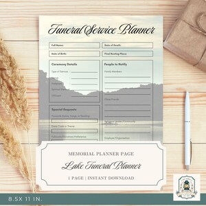 Puede incluir: Un planificador de servicios funerarios con un fondo de escena lacustre. El planificador incluye secciones para detalles personales, detalles de la ceremonia, solicitudes especiales y personas a notificar. El texto "Lake Funeral Planner" se muestra en la parte inferior de la página.