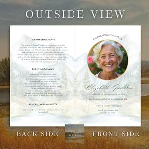 May include: A memorial card with the text "OUTSIDE VIEW" at the top. The front side features a photo of a smiling woman, the text "Celebrating the Life of Elizabeth Gualdeni", and event details. The back side includes acknowledgements and a poem.