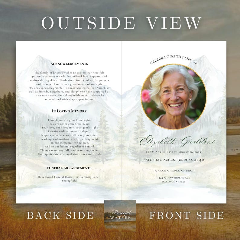 May include: A memorial card with the text "OUTSIDE VIEW" at the top. The front side features a photo of a smiling woman, the text "Celebrating the Life of Elizabeth Gualdeni", and event details. The back side includes acknowledgements and a poem.
