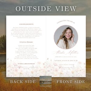 May include: A memorial service program with the text "Outside View" at the top. The front side features a photo of a smiling woman, the name "Alisha Miller", and event details. The back side includes acknowledgements and a poem.