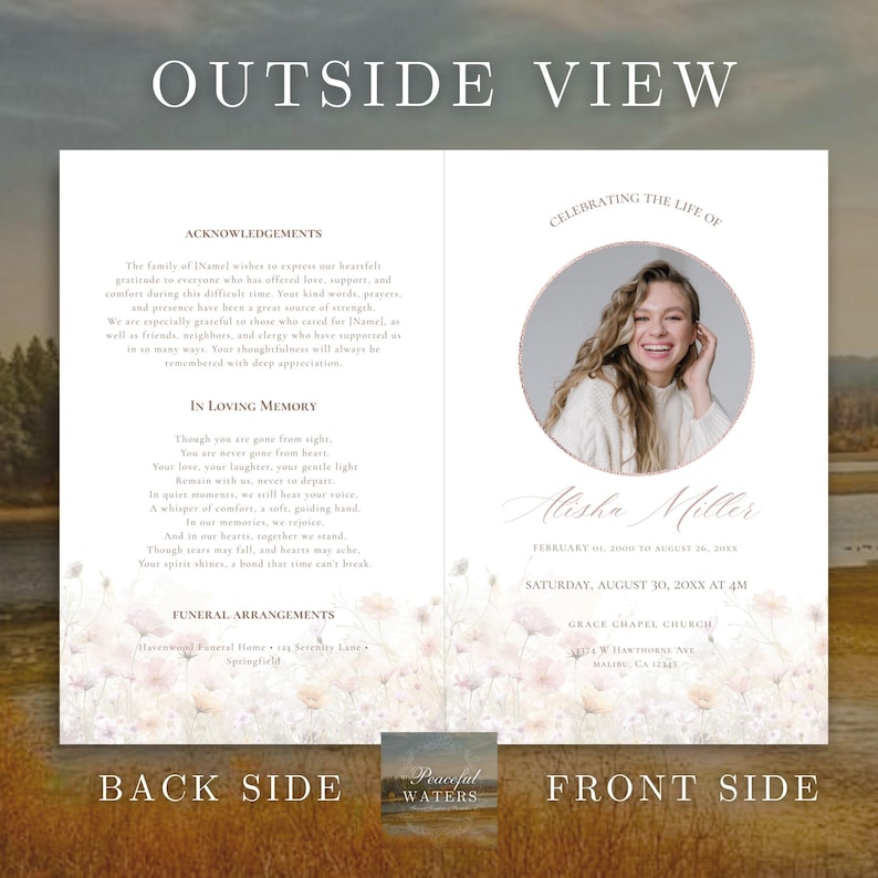 May include: A memorial service program with the text "Outside View" at the top. The front side features a photo of a smiling woman, the name "Alisha Miller", and event details. The back side includes acknowledgements and a poem.