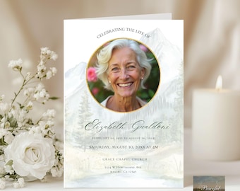 Funeral Program Mountain Scene – In Loving Memory-  Edit In Canva