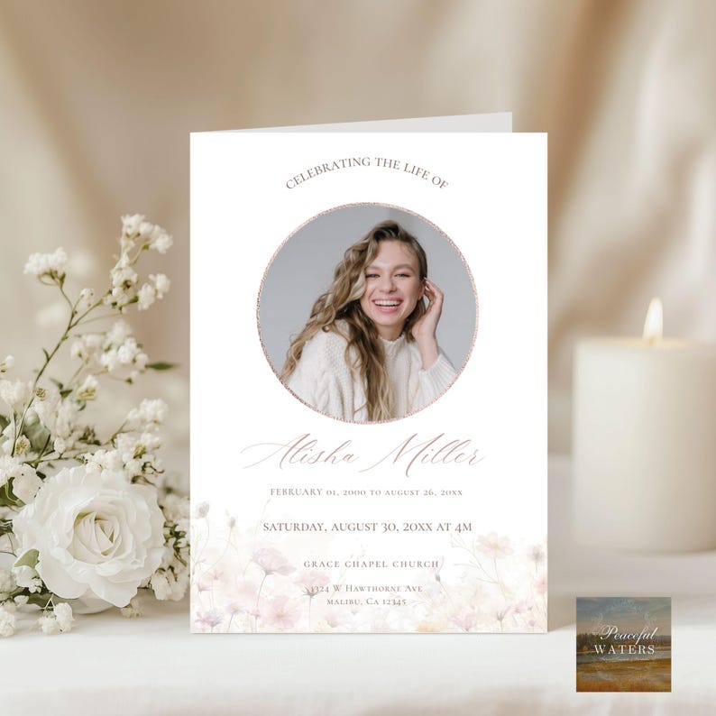 May include: A memorial card with a photo of a smiling woman in a circular frame. The text reads "Celebrating the Life of Alisha Miller" with dates and service details. Soft floral accents and a candle are in the background.