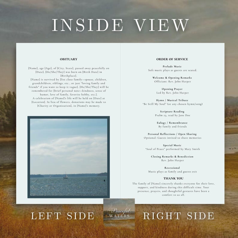 May include: A funeral service order of service, with the title "INSIDE VIEW" at the top. The left page is an obituary template. The right page details the service order, including music and readings. The bottom reads "LEFT SIDE" and "RIGHT SIDE".