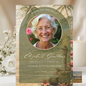 May include: A memorial announcement with a photo of a smiling woman, framed by a gold border. The design features a tropical theme with palm trees, flowers, and a tiki torch illustration. Text includes the name "Elizabeth Gualdeni" and event details.