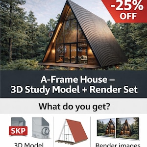 以下が含まれることがあります： 暗い茶色の屋根と大きなガラス窓を備えたAフレームハウスモデル。画像には「-25% OFF」と「A-Frame House - 3D Study Model + Render Set」というテキストが含まれています。追加のアイコンとテキストは、3Dモデルとレンダリング画像を示しています。