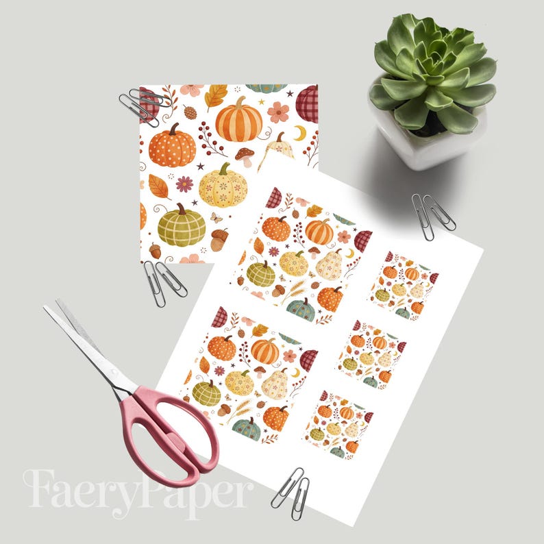 Harvest Pumpkins Digital Paper Pack, Boho Cottagecore Floral Autumn Scrapbook Backgrounds (3in Sample, Digital Download) image 3