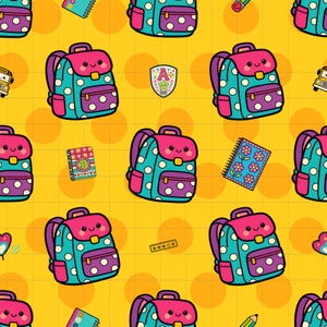 Kawaii Backpack Seamless Pattern, Playful School Bag Digital Paper (12" x 12" @ 300 DPI) (3in Sample) image 1