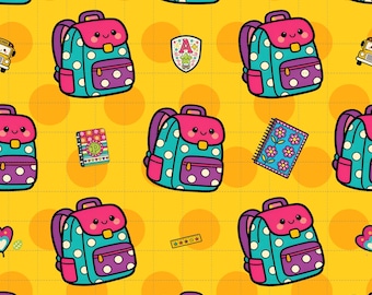 Kawaii Backpack Seamless Pattern, Playful School Bag Digital Paper (12" x 12" @ 300 DPI) (3in Sample)