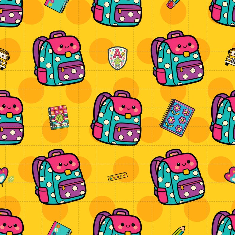 Kawaii Backpack Seamless Pattern, Playful School Bag Digital Paper (12" x 12" @ 300 DPI) (3in Sample) image 1