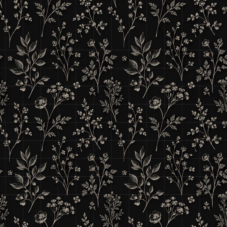 Vintage Botanical Florals Seamless Pattern, Hand-Drawn Digital Paper (3in Sample, Digital Download) image 1