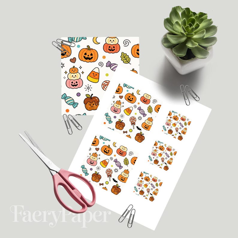Kawaii Halloween pompoen digitaal papier, Jack-o'-lantern snoep scrapbook (3 stuks in voorbeeld, digitale download) afbeelding 3