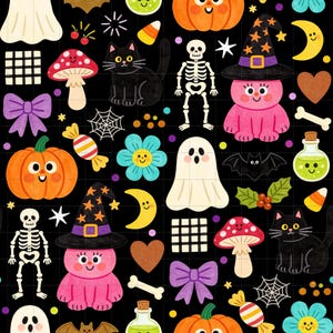 Spooky Cuties Halloween Digital Paper Pack, Kawaii Pumpkins Ghosts Witches (3in Sample, Digital Download) image 1