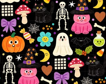 Spooky Cuties Halloween Digital Paper Pack, Kawaii Pumpkins Ghosts Witches (3in Sample, Digital Download)