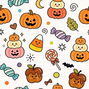 Kawaii Halloween pompoen digitaal papier, Jack-o'-lantern snoep scrapbook (3 stuks in voorbeeld, digitale download) afbeelding 1