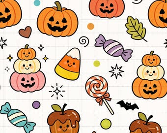 Kawaii Halloween Pumpkin Digital Paper, Jack O Lantern Candy Scrapbook (3in Sample, Digital Download)