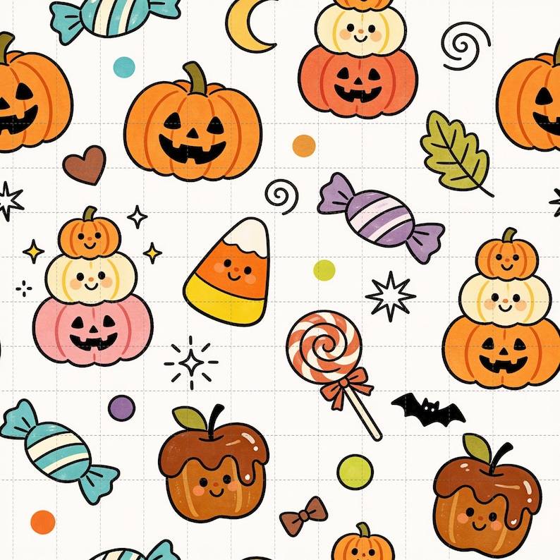 Kawaii Halloween pompoen digitaal papier, Jack-o'-lantern snoep scrapbook (3 stuks in voorbeeld, digitale download) afbeelding 1