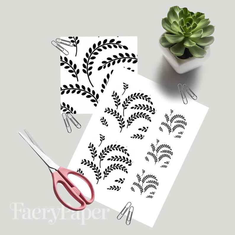 Black White Botanical Digital Pack, Minimalist Foliage Scrapbook Paper (3in Sample, Digital Download) image 3