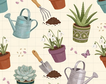 Cottage Garden Potted Plants Digital Paper, Seamless Floral Scrapbook Pattern (3in Sample, Digital Download)