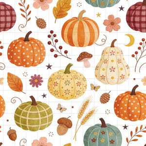 Harvest Pumpkins Digital Paper Pack, Boho Cottagecore Floral Autumn Scrapbook Backgrounds (3in Sample, Digital Download) image 1