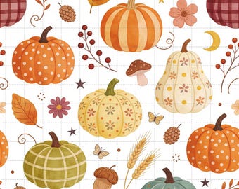 Harvest Pumpkins Digital Paper Pack, Boho Cottagecore Floral Autumn Scrapbook Backgrounds (3in Sample, Digital Download)