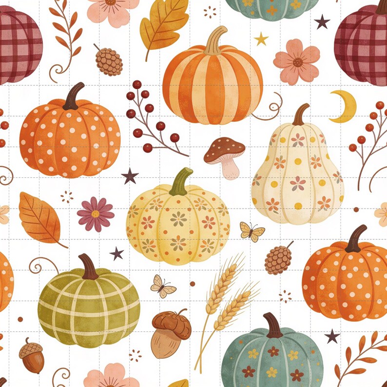 Harvest Pumpkins Digital Paper Pack, Boho Cottagecore Floral Autumn Scrapbook Backgrounds (3in Sample, Digital Download) image 1