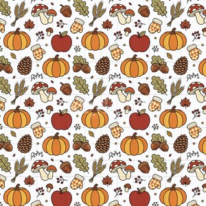 Pumpkin Digital Paper, Autumn Fall Scrapbook Paper Pack, Hand-Drawn Cottagecore Pumpkins Mushrooms, Seamless Pattern (3in Sample) image 2