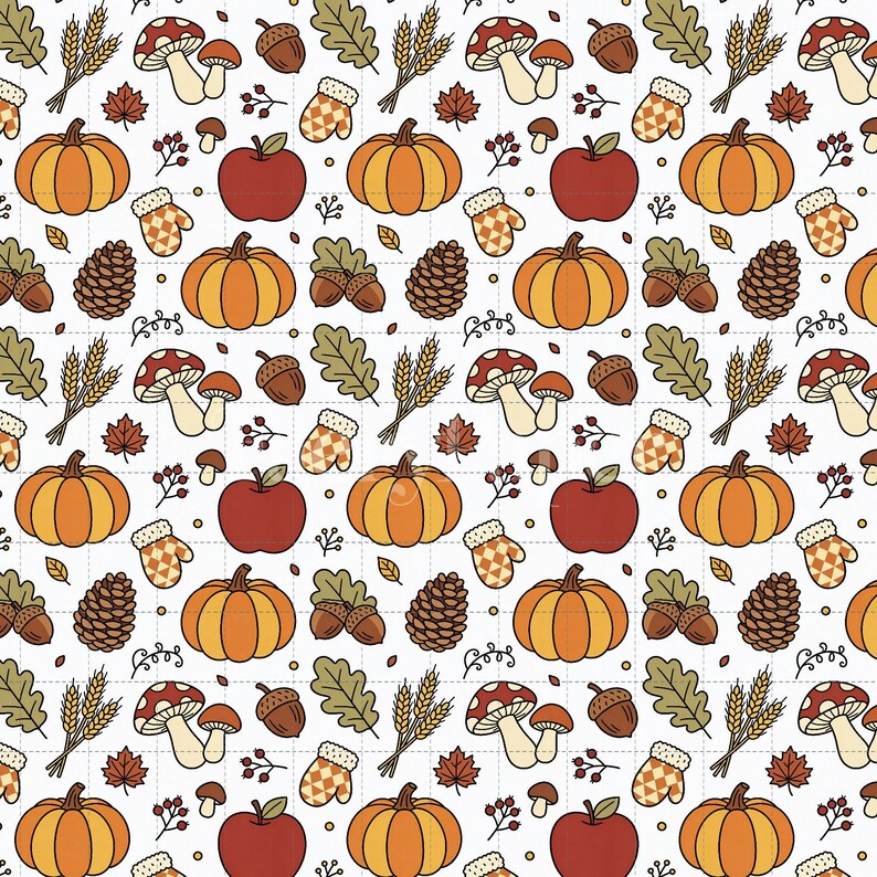 Pumpkin Digital Paper, Autumn Fall Scrapbook Paper Pack, Hand-Drawn Cottagecore Pumpkins Mushrooms, Seamless Pattern (3in Sample) image 2