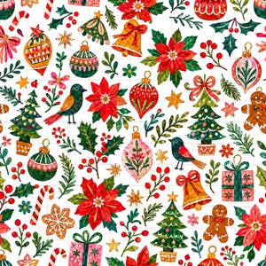 Christmas Digital Paper, Poinsettia Ornament Digital Paper Pack, Watercolor Holiday Scrapbook Paper, Seamless Pattern (3in Sample)