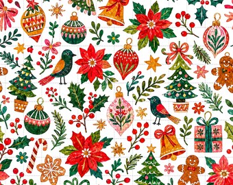 Christmas Digital Paper, Poinsettia Ornament Digital Paper Pack, Watercolor Holiday Scrapbook Paper, Seamless Pattern (3in Sample)