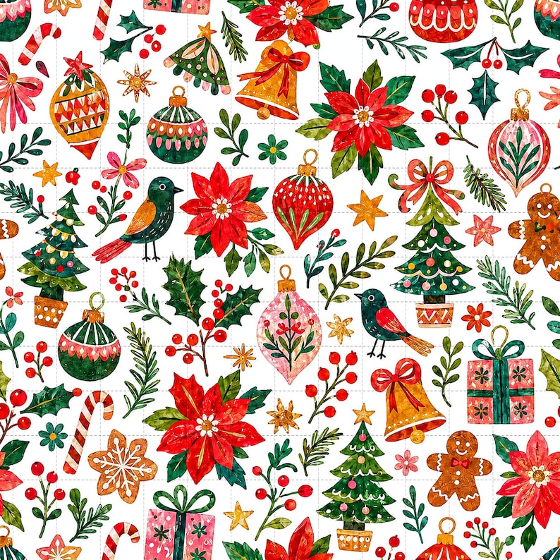 Christmas Digital Paper, Poinsettia Ornament Digital Paper Pack, Watercolor Holiday Scrapbook Paper, Seamless Pattern (3in Sample) image 1