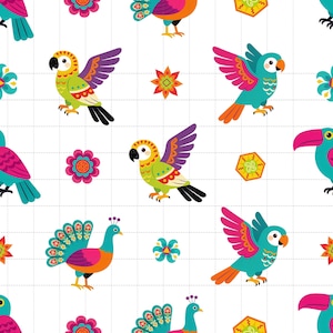 Tropical Birds Seamless Pattern, Hand-Drawn Folk Art Digital Paper (3in Sample, Digital Download) image 1