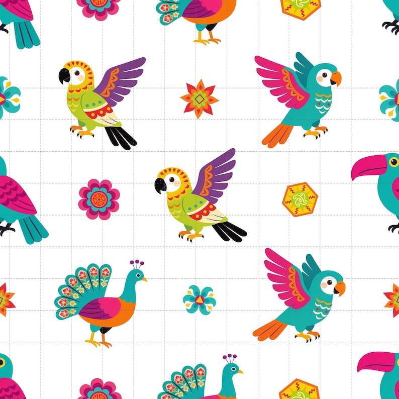 Tropical Birds Seamless Pattern, Hand-Drawn Folk Art Digital Paper (3in Sample, Digital Download) image 1