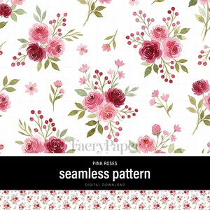 Pink Roses Watercolor Seamless Pattern – Cottagecore Floral Scrapbook Paper (Digital Download)