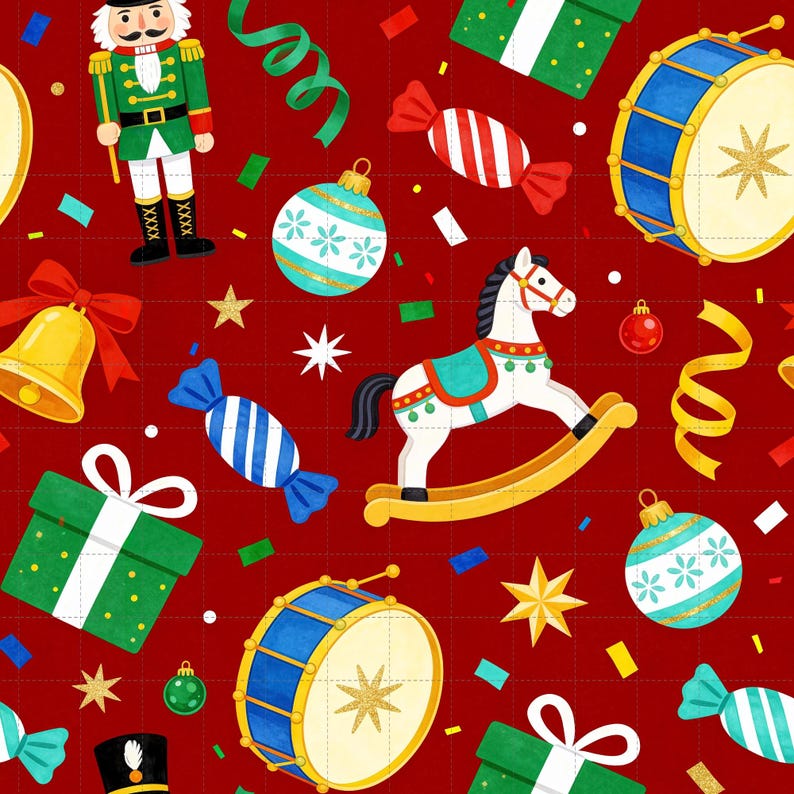 Christmas Toys Digital Paper, Nutcracker Rocking Horse Scrapbook Paper, Festive Digital Paper Pack, Holiday, Seamless Pattern (3in Sample) image 1
