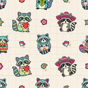 Fiesta Raccoon Seamless Pattern, Kawaii Digital Paper, Cinco De Mayo Print (3in Sample, Digital Download) image 1