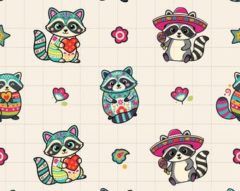 Fiesta Raccoon Seamless Pattern, Kawaii Digital Paper, Cinco De Mayo Print (3in Sample, Digital Download)