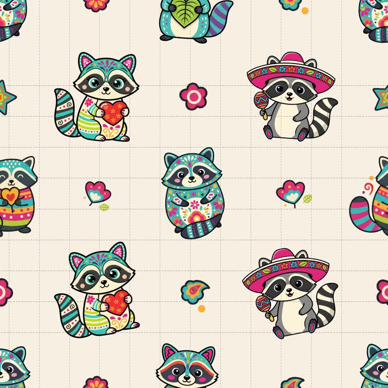 Fiesta Raccoon Seamless Pattern, Kawaii Digital Paper, Cinco De Mayo Print (3in Sample, Digital Download) image 1