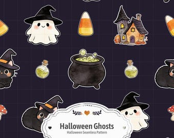 Halloween Ghosts Seamless Pattern, Kawaii Witch Cats, Digital Paper (Digital Download)