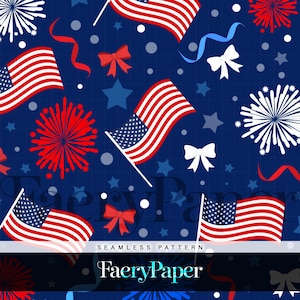 Seamless pattern with a 4th of july theme, american flags and fireworks | USA Digital Paper