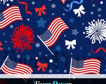 Seamless pattern with a 4th of july theme, american flags and fireworks | USA Digital Paper