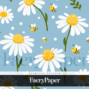May include: A seamless pattern featuring white daisies with yellow centers and cartoon bees on a light blue background. The design includes green stems and leaves, with white polka dots. The text "FaeryPaper" and "SEAMLESS PATTERN" are also visible.