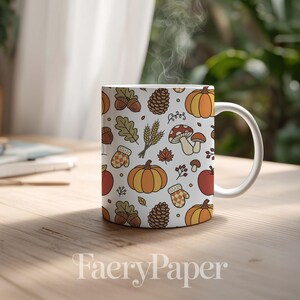 Pumpkin Digital Paper, Autumn Fall Scrapbook Paper Pack, Hand-Drawn Cottagecore Pumpkins Mushrooms, Seamless Pattern (3in Sample) image 7