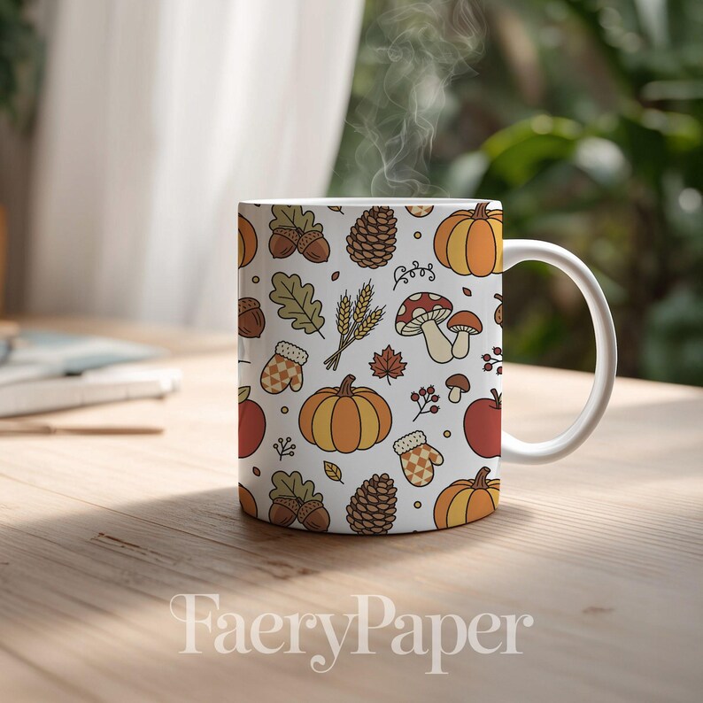 Pumpkin Digital Paper, Autumn Fall Scrapbook Paper Pack, Hand-Drawn Cottagecore Pumpkins Mushrooms, Seamless Pattern (3in Sample) image 7