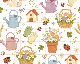 Garden Digital Paper, Cottagecore Watering Can Scrapbook Paper, Spring Gardening Digital Paper Pack, Seamless Pattern (3in Sample)