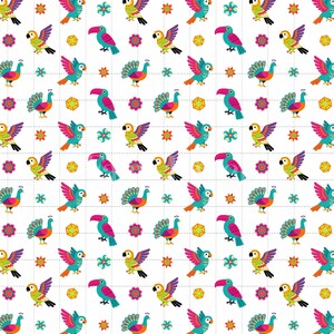 Tropical Birds Seamless Pattern, Hand-Drawn Folk Art Digital Paper (3in Sample, Digital Download) image 2