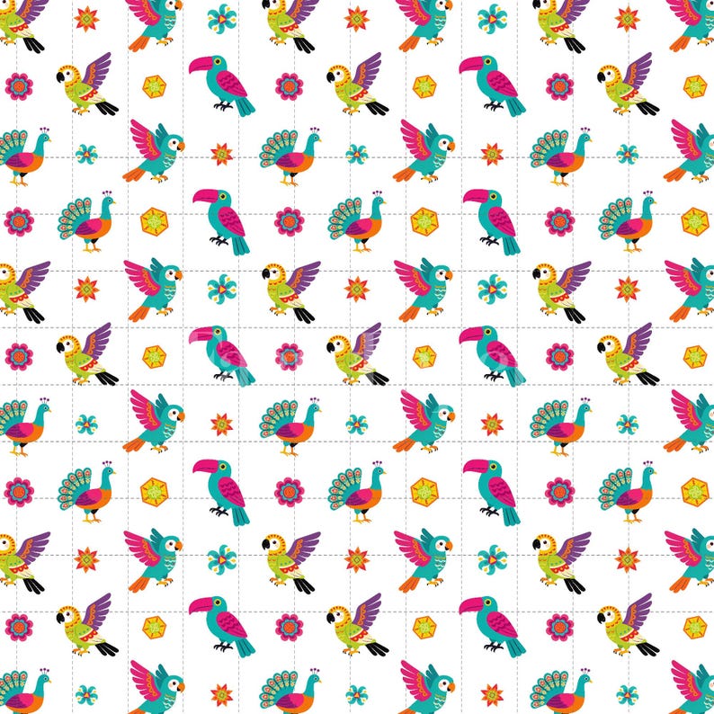 Tropical Birds Seamless Pattern, Hand-Drawn Folk Art Digital Paper (3in Sample, Digital Download) image 2