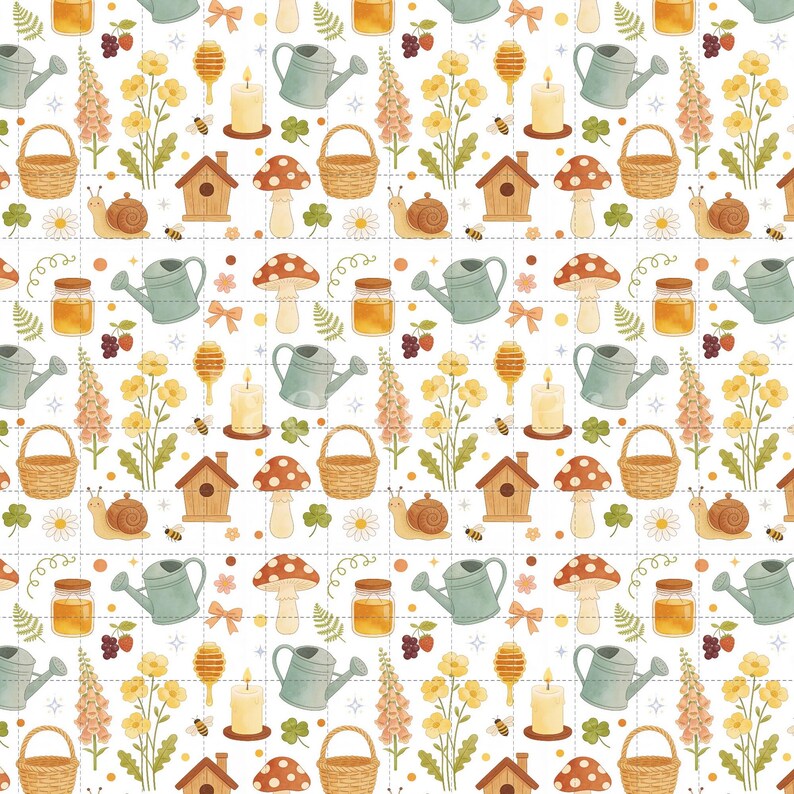Cottagecore Garden Mushrooms Digital Paper, Cottagecore Cottagecore Garden Mushrooms Scrapbook Paper (3in Sample) image 2